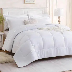 FreshCulture Queen Comforter Set - 7 Pieces All Season Luxury Bed in a Bag Queen Size - Bedding Set with Comforter, Sheets, Pillowcases & Shams - Ultra Soft White Comforter Set Queen