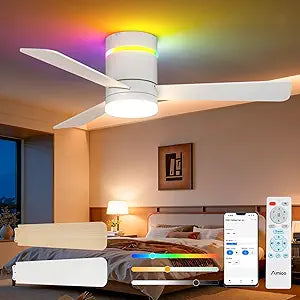 Amico 42 RGB Ceiling Fans with Lights, Low Profile Flush Mount Small Ceiling Fan, Remote Control/APP Control, 3CCT, Reversible, Bedroom, Living Room, Kids Room, White