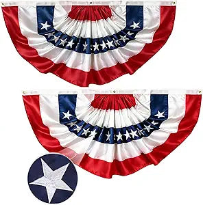 2-Pack American Flag Bunting Outdoor 3x6 Ft, Embroidered Stars USA Pleated Fan Flags, Heavy Duty Canvas Header & 3 Brass Grommets for 4th of July Patriotic Decoration, Memorial Day
