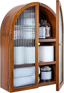 MyGift Medicine Cabinet, Arched Wall Cabinet, Bathroom Medicine Wall Mounted Cupboard, Mid Century Style Floating Storage Cabinet with Glass Door, Natural Acacia Wood