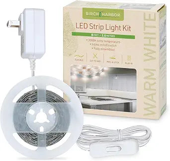 Complete LED Strip Light Kits (Warm White) 8 ft Flexible Tape 3000K Under Cabinet Plug-in Power Supply 318320