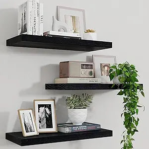 Marsmiles Wood Floating Shelves for Wall Set of 3, 17 Inch Wide Rustic Wooden Floating Shelves, Invisible Wall Mounted Display for Living Room Bedroom Kitchen Bathroom Office, Black