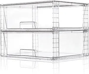 Wide Large Stackable Storage Drawers(2 Pack),Multi-purpose Clear Plastic Organizer Bins with Handles, Easy to Assemble for Bathroom Home Closet Under Sink Kitchen Pantry Medicine Cabinet