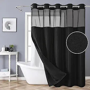eachope Extra Long No Hook Shower Curtain with Snap-in Fabric Liner Set,Slub Textured Fabric Shower Curtains for Bathroom,Hotel Style Modern Shower Curtain,Water Repellent & Washable,71x86(84),Black