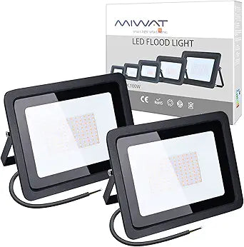 MIHEAL 110V 2 Pack 100W LED Flood Light, Warm White 3000K, IP68Waterproof Super Bright Security Lights, Outdoor Floodlight for Yard, Garden, Playground, Basketball Court