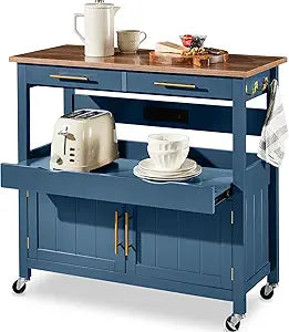 Best Choice Products 36in Large Rolling Kitchen Island Cart, 2-Door Cabinet, 2 Drawers, Pull-Out Shelf, Power Outlet, Hooks, & Swivel Lockable Wheels - Slate Blue