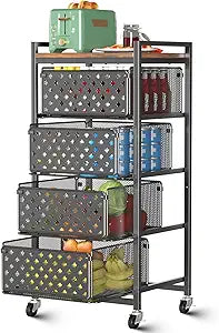 5 Tier Kitchen Storage Cart with Wheels, Utility Fruit Vegetable Storage Rack Stand with Pull-Out Baskets & Wood Top, Metal 4-Drawers Rolling Snack Cart, Kitchen Cart for Potato Onion(Black)