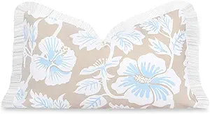 Hofdeco Premium Coastal Patio Indoor Outdoor Lumbar Pillow Cover Only, 12"x20" Water Repellent for Backyard, Couch, Tan Baby Blue Print Tropical Hisbucs Flowers