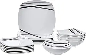 Amazon Basics Square Dinnerware Set for 6, Plates and Bowls for Kitchen, 18-Piece, Dishwasher and Microwave Safe, Modern Beams