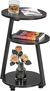 BEWISHOME Round End Table Side Table with Metal Frame, Accent Table Nightstand Bedside Table with 3-Tier Shelves, Small Couch Table for Living Room Bedroom Black KTZ41B