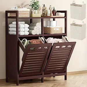 Homykic Tilt Out Laundry Hamper Cabinet, Bamboo Double Laundry Hamper with 2 Removable Laundry Baskets, 20 Gal Laundry Sorter Organizer with Shelf for Dirty Clothes, Bathroom, Laundry Room, Espresso