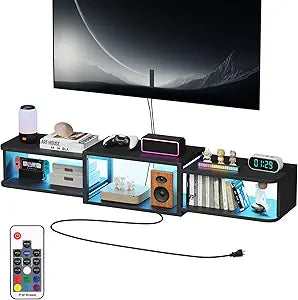 Qupui 47.2'' Wall-Mounted Floating TV Stand with LED Lighting, Modern Wooden Media Console Shelf Featuring Built-in USB Ports and Electrical Outlets. Under-TV Storage for Living Room, Bedroom