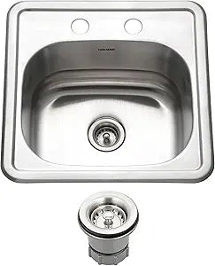 Houzer Hospitality Stainless Steel Bar & Prep Sink: 15 Inch Drop-In Topmount 2-Hole Sink for Bar & Kitchen, Durable & Versatile, Essential for Home & Apartment: 1515-6BS-C