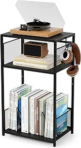 Aduanbang 3 Tier End Table,Record Player Stand with Storage Up to 100 Albums,Turntable Stand for Vinyl,Black Records Shelf for Living Room Bedroom