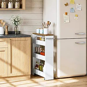 CHOEZON Slim Storage Cart, Slim Storage Rack on Wheels, Rolling Trolley with Handle, Storage Organizer, for Kitchen, Dining Room, Living Room, Laundry Room, White and Walnut MTC01WL