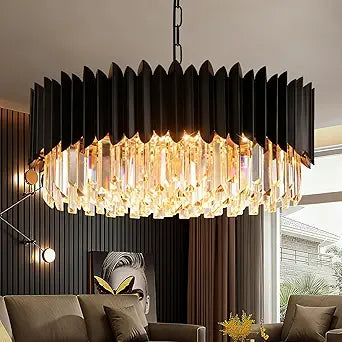 Modern Black Crystal Chandelier 20" 8-Light 4-Tier K9 Crystal Round Pendant Light Large Crystal Chandeliers for Dining Room Living Room Kitchen Island