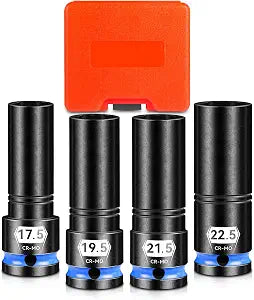 1/2" Drive Thin Wall Lug Nut Socket Set, 4 PCS Half Size Metric Impact Wheel Socket,17.5mm, 19.5mm, 21.5mm, and 22.5mm, Cr-Mo Steel For Damaged, Swollen and Stuck Lug Nuts