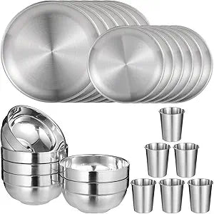 24 PCS Stainless Steel Dinnerware Set, Includes 12PCS 6.7 & 10.2 in Plates, 6 Pieces Bowls and 6 Pieces Cups, 304 Reusable Camping Mess Kits for Home Kitchen, Dorm and Outdoor Picnic (Silver)