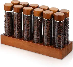 12-Pack Single Dose Coffee Bean Storage Tubes with Pine Wood Stand Airtight Glass Vials for Fresh Coffee, Tea, and Spices (2 oz, Clear/Brown)