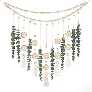 Artificial Hanging Eucalyptus Wall Decor Fake Greenery Leaves Wall Hanging Plants on Long Wooden Beads Garland Wall Art Large Boho Rustic Farmhouse Decor for Bathroom Bedroom Living Room Sage Green