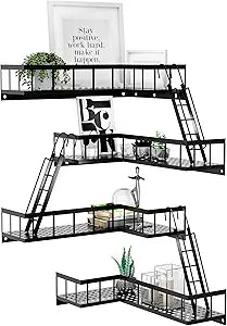 Fire Escape Wall Shelf, Modern City Style Corner Wall Shelves, Trinket Figurine Display Knick Knack Shelf Easy to Install, for Bathroom, Living Room & Home Decor, Black 4-Tier