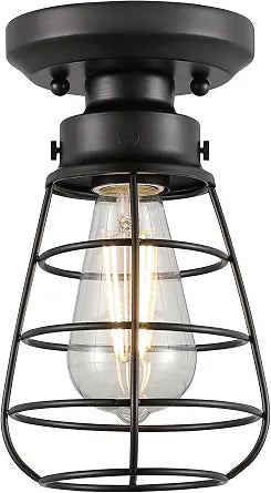Westinghouse 6130700 Bandera Vintage-Style 5 Inch, One Light Semi-Flush Mount Ceiling Fixture, Matte Black Finish, Cage Shade