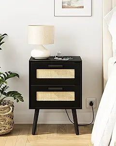 Nightstand,Boho Bedside Table,Rattan Night Stand with Rattan Decorated Drawers,Bedside Furniture, Wood End Table for Bedroom,Living Room,Natural (Bohemian-Outlet, Black-2Drawer)