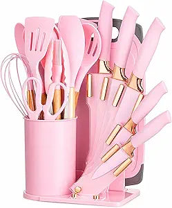 19-Piece Pink Kitchen Utensils Set with Knife Set & Cutting Board - Silicone Cooking Utensils with Wooden Handles, Rose Gold Accents, Scissors, Whisk & Tongs - BPA-Free Pink Kitchen Gift Set