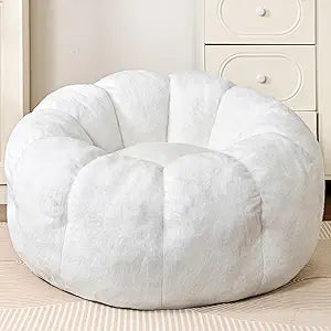 Flower Bean Bag Chair for Teens and Young Adults, Soft Faux Fur Floor Seating with Memory Foam, Aesthetic Room Decor Cozy Lounger for College Dorm, White