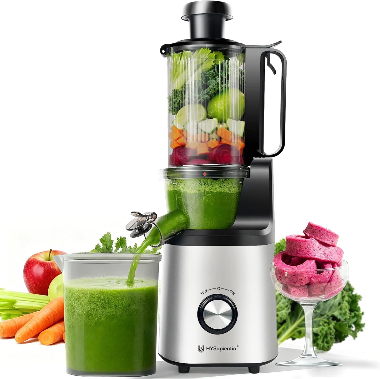 Cold press juicer machines,HYSapientia Electric masticating slow juicer for vegetable and fruit,Powerful Motor,Self Precut System,Easy to Clean,High Juice Yield,Juice & Fruit Purée Gelato Strainers