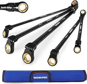 WORKPRO Extra Long Ratcheting Wrench Set, 10-Piece Anti-Slip Double Box Wrenches Set, Metric 8-19 mm, 72-Teeth, Cr-V Steel and Black Electrophoretic Coating Wrenches with Rolling Pouch