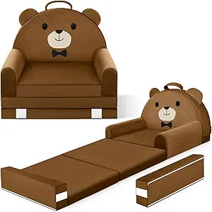 Kids Sofa Bed with Removable Washable Cover & Magic-Tape Backrest Foldable Toddler Chair, Cozy Crystal Velvet Furniture for Playtime, Naps & Travel (Soft Brown, Bear Design)