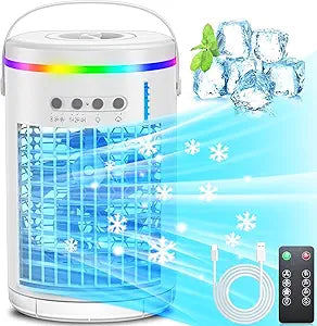 Mini Evaporative Air Cooler,3-IN-1 Portable Small Air Conditioner AC Unit with 1400ML Water Tank,Powerful 3 Speeds 7 Colors LED Personal Air Conditioner wi/Timer(White)