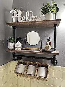 ROGMARS Industrial Pipe Shelf Floating Shelves Bathroom Pipe Shelving Farmhouse Bathroom Shelves with Towel Bar Towel Rack Over Toilet Industrial Shelf Rustic Wall Wood Shelves 19.7 Inch
