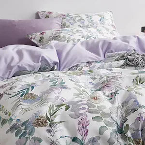 Floral Garden Style Duvet Cover Set Watercolor Purple Bedding Set Smooth Soft Flowers Green Botanical Pattern 3 Pieces 1 Comforter Cover + 2 Pillow Shams(Queen, No Comforter)