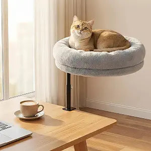 Sunhoo Cat Desk Bed 360 Rotating Height Adjustable Desktop Mount Hammock Kitten Perch Easy Setup Kitty Nest Table Clamp-on Attachment for Indoor Cats Washable 17" Diameter Hold Up to 40lbsGrey