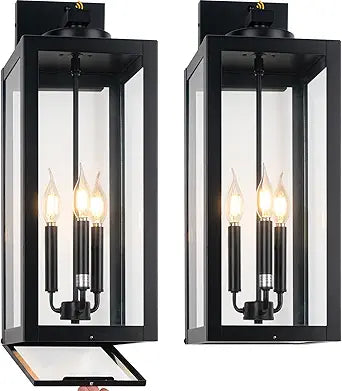 24" Extra Large Fully Enclosed Dusk to Dawn Outdoor Light Fixture 3-Light, Black Outdoor Porch Lantern Wall Mounted, Waterproof Outside Wall Sconce Coach Lamp for House, E12, 2 Packs
