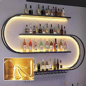 47.2in Large Wall Mounted Wine Rack with LED Light, 4-Tiers Half Round Wine Rack with Wine Glass Hooks, Iron Wine Bottle Display Rack for Kitchen, Home Bar, Cafe (BLACK, 47.2 * 7.87 * 47.2IN)