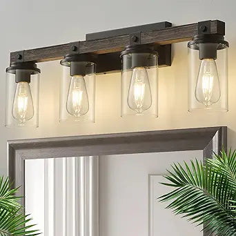 Farmhouse Bathroom Vanity Light 4 Light Sconces Wall Lighting Wood Rustic Bathroom Light Fixtures Over Mirror Vintage Industrial Wooden Black Vanity Light for Bedroom Hallway Kitchen