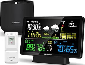 Weather Station with Rain Gauge, Home Weather Stations Wireless Indoor Outdoor with Rain Gauge, Thermometer, Barometric Pressure, Humidity Monitor, Atomic Clock, Digital Weather Forecast and Alerts