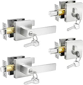2 Pack Brushed Nickel Exterior Door Lock Set with Deadbolt, Square Front Door Handle Set, Door Levers Single Cylinder Deadbolt Set, Keyed Alike Heavy Duty Keyed Entry Handles Locksets
