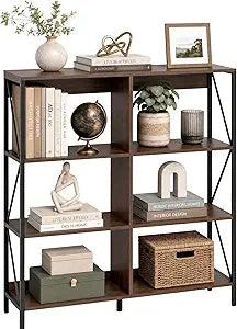 4 Tier Book Shelf, 6 Cube Storage Organizer, Modern Bookcase Bookshelf with Metal Frame, Freestanding Open Wide Book Case Display Shelf for Living Room Bedroom Office, Walnut, 30"W x 9.5"D x 40"H