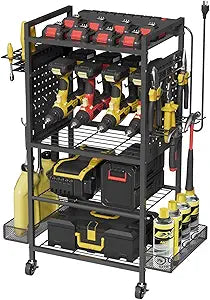 Power Tool Organizer Cart with Charging Station, Heavy Duty Garage Tool Organizer Rolling Tool Battery Storage with 8-Outlet Power Strip, 4 Wheels, 2 Hanging Baskets, 8 Hooks, Drill Bit Holder, Black