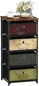 VASICAR Storage Unit with 4 Drawers, Fabric Nightstand, Clothes Organizer, Craft Storage Chest, Small Pattern Dresser for Bedroom, Living Room, Closet, Entryway, Hallway, Nursery, Dorm-Wood Top