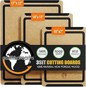 Earth's Dreams Composite Wood Cutting Board Set of 3 Built In Juice Groove, Dishwasher Safe,Cutting Boards for Kitchen Large, Medium & Small Non-Slip Wood Charcuterie & Chopping Boards (Tan/Black)