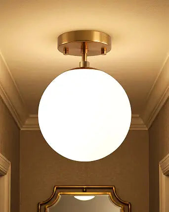 Majade Semi Flush Mount Ceiling Light 6" Globe Mid Century Modern Light Fixture Milk Glass with Gold Brass Finish Light Fixtures for Hallway Entryway Kitchen Island Closet Laundry Bathroom
