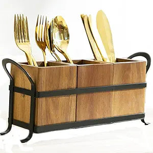 NelyBet Utensil Caddy Silverware Cutlery Holder with 3 Compartment, Wooden Utensil Crock Flatware Organizers with Metal Tray, Rustic Kitchen Utensil Organizers for Farmhouse Kitchen and Countertop