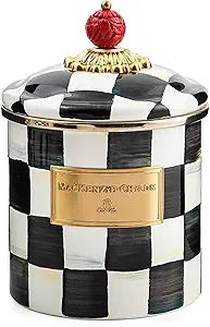 MACKENZIE-CHILDS Enamel Canister, Versatile Kitchen Storage Container for Flour and Sugar, Small, 38-Ounce Capacity, Black-and-White Courtly Check
