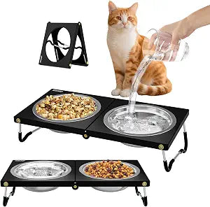 Upgraded Elevated Cat Bowls,10Tilted Foldable Stand Anti Vomiting Raised Cat Dishes for Food and Water,2 Stainless Steel Bowls for Cats and Puppy (2 Pack)