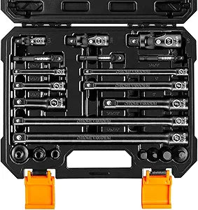 BOEN 21 Piece 1/4" & 3/8" & 1/2" Drive Tool Accessory Set, Includes Socket Adapters, Extension Bars, Swivel Universal Joints, Impact Bit Holders and 1/4" Hex Shank